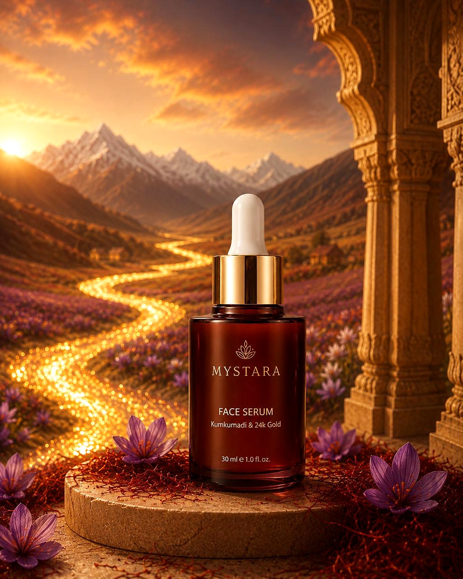 Mystara Kumkumadi & 24K Gold Face Serum in a Kashmir saffron valley at sunset